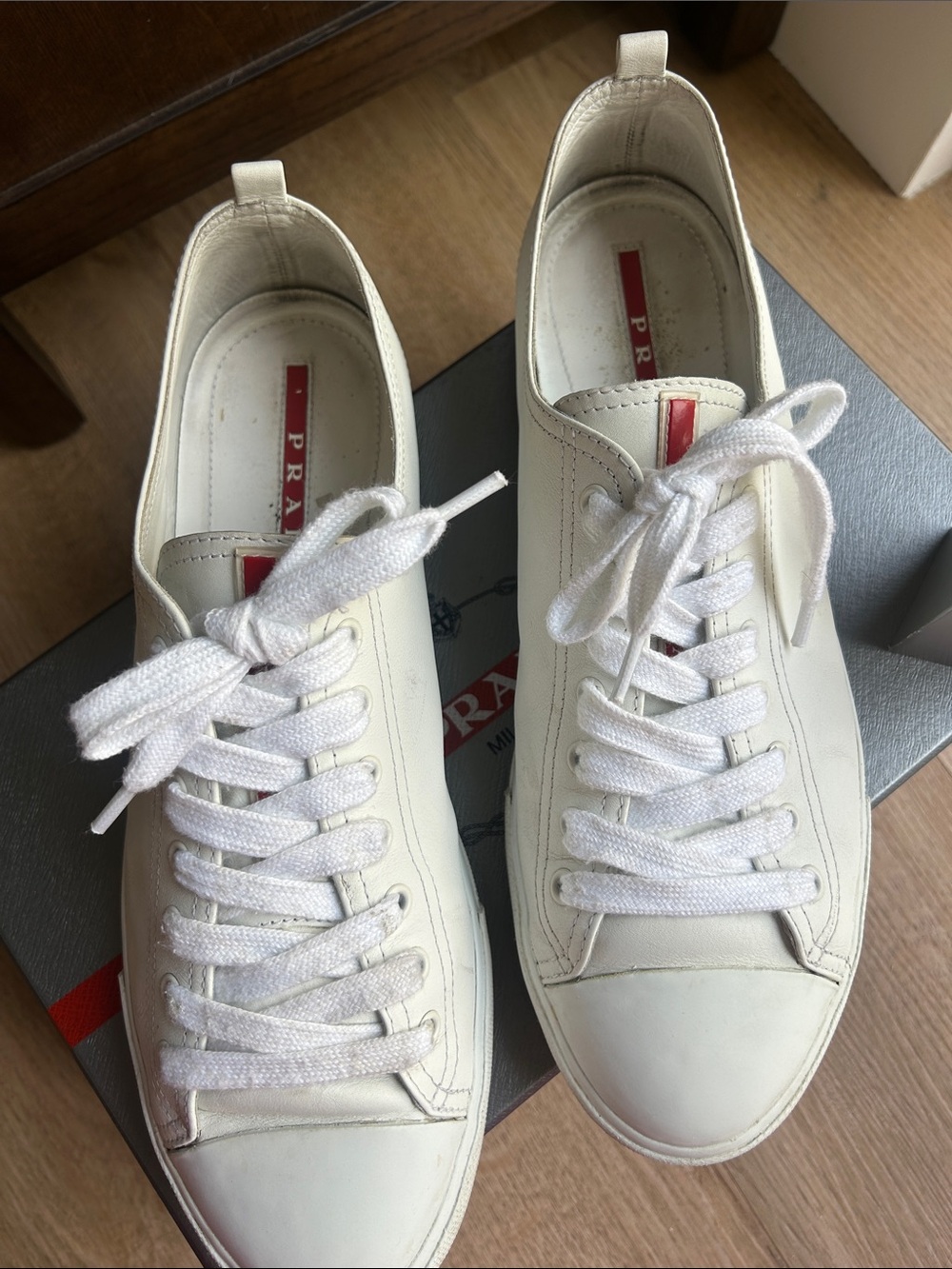 Prada White Leather Sneakers with Red Logo Detail - Picture 4 of 13